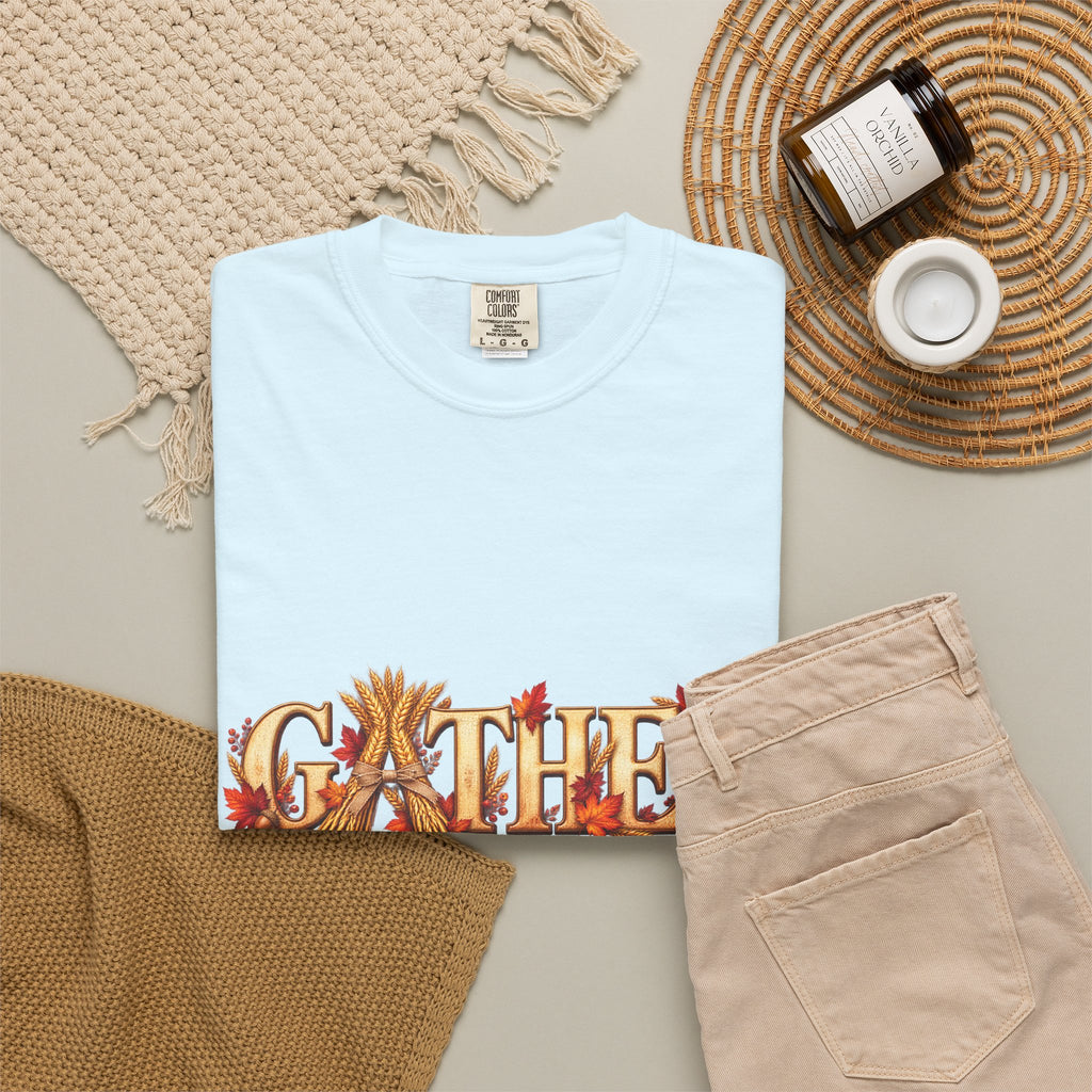Gather Fall T-Shirt — Autumn Leaves Harvest Graphic Tee, Thanksgiving Family Gathering Shirt, Rustic Fall Gift