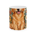 Smiling Golden Retriever Mug | Ceramic Coffee Cup with Floral Wreath