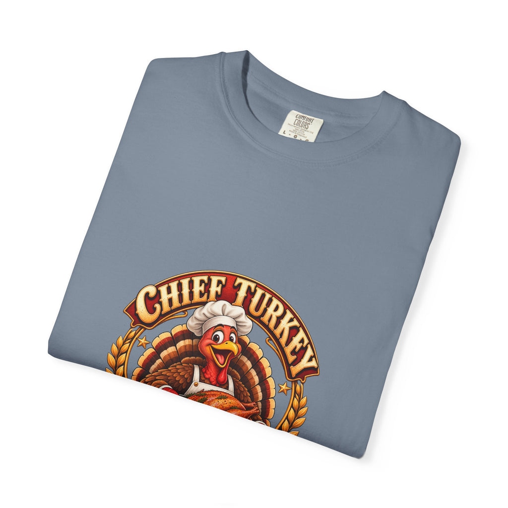 Chief Turkey Roaster T-Shirt — Retro Thanksgiving Emblem Tee, Vintage BBQ Turkey Badge Graphic Fall Shirt