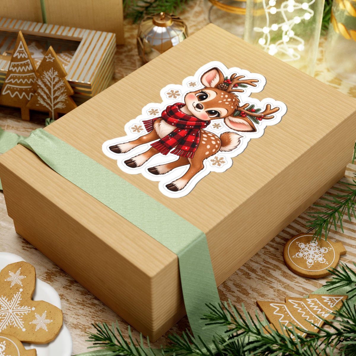 Cute Christmas Reindeer Sticker — Festive Deer with Plaid Scarf (Kiss-Cut)