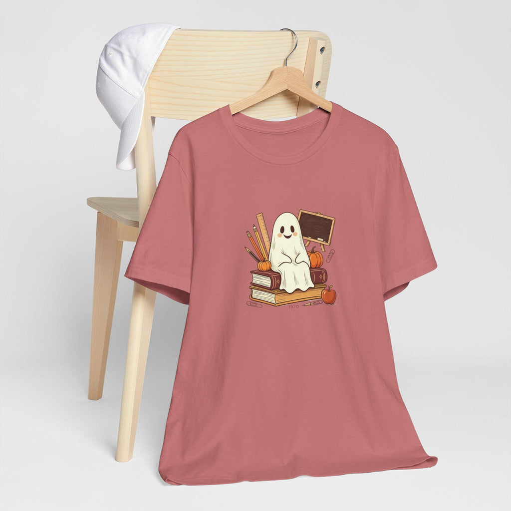 Cute Ghost on Books Tee | Back-to-School Halloween Teacher Shirt
