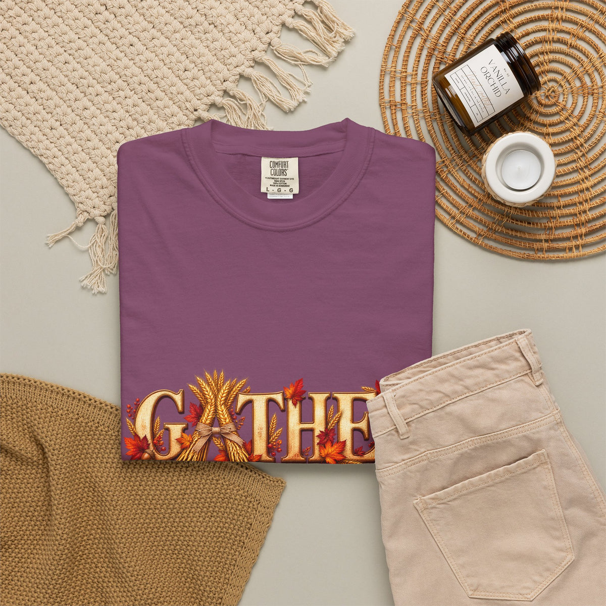 Gather Fall T-Shirt — Autumn Leaves Harvest Graphic Tee, Thanksgiving Family Gathering Shirt, Rustic Fall Gift