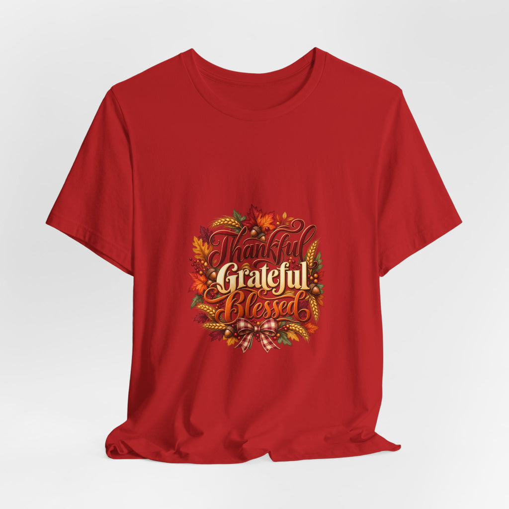 Thankful Grateful Blessed T-Shirt — Fall Leaves Thanksgiving Tee, Autumn Gratitude Shirt, Family Matching Outfit