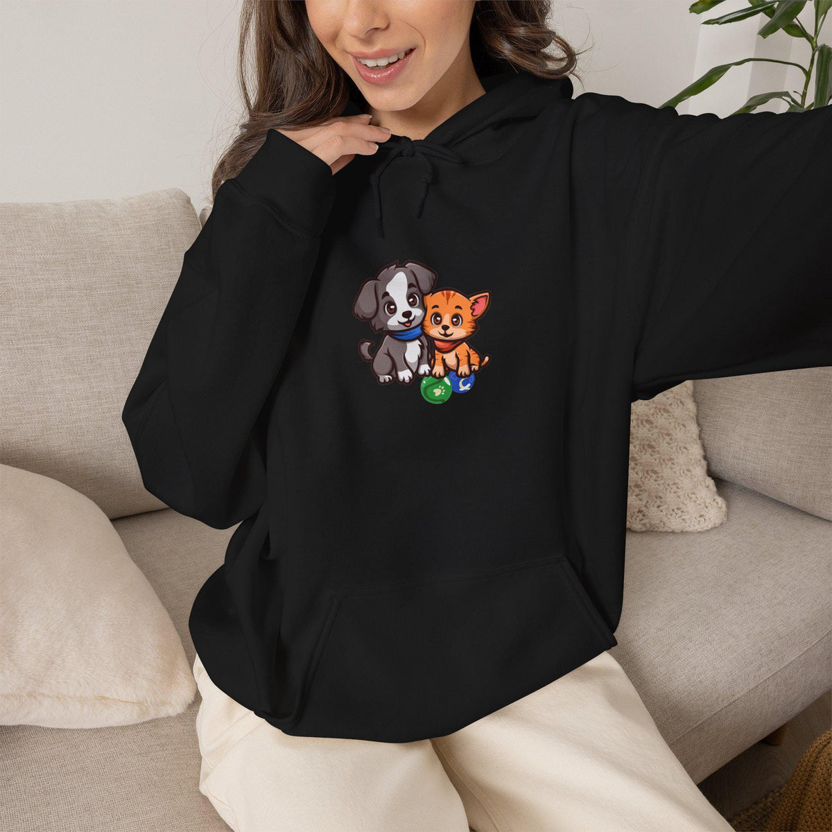 Cute Puppy And Kitten Illustration Hoodie