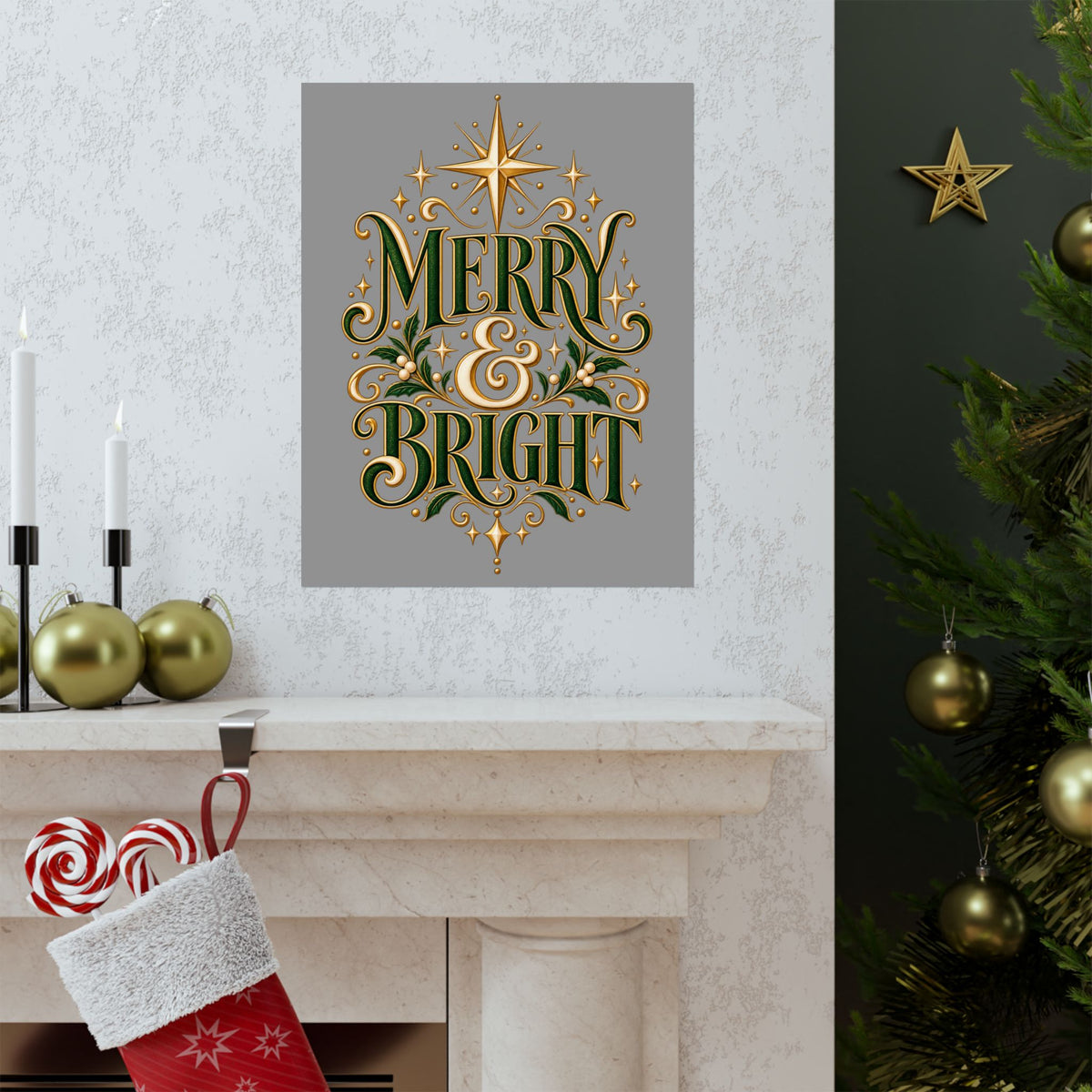 Merry & Bright Holiday Poster — Matte Vertical Christmas Wall Art