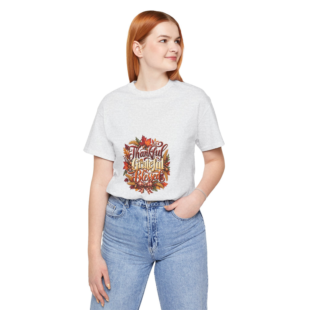 Thankful Grateful Blessed T-Shirt — Fall Leaves Thanksgiving Tee, Autumn Gratitude Shirt, Family Matching Outfit