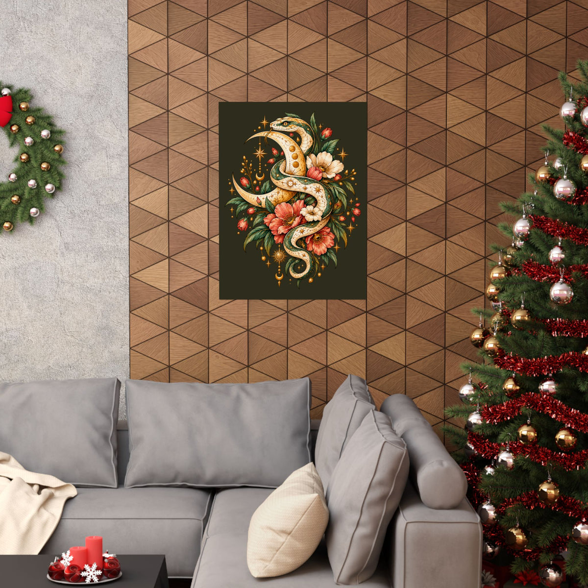 Floral Gold Snake Poster Matte Vertical Print | Botanical Serpent Wall Art