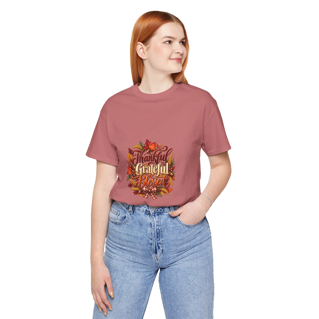Thankful Grateful Blessed T-Shirt — Fall Leaves Thanksgiving Tee, Autumn Gratitude Shirt, Family Matching Outfit