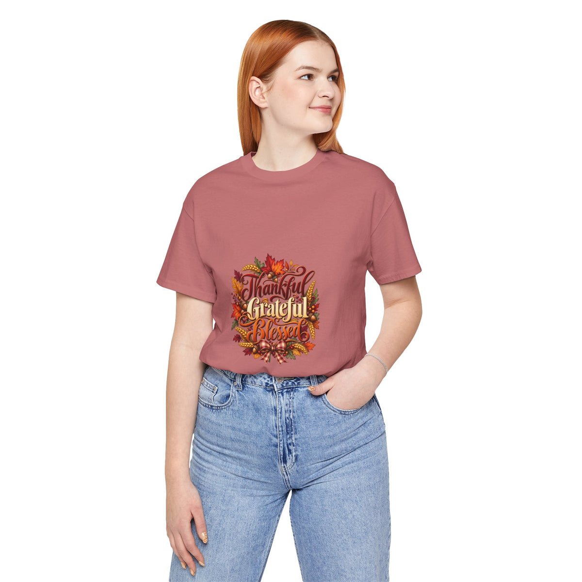 Thankful Grateful Blessed T-Shirt — Fall Leaves Thanksgiving Tee, Autumn Gratitude Shirt, Family Matching Outfit