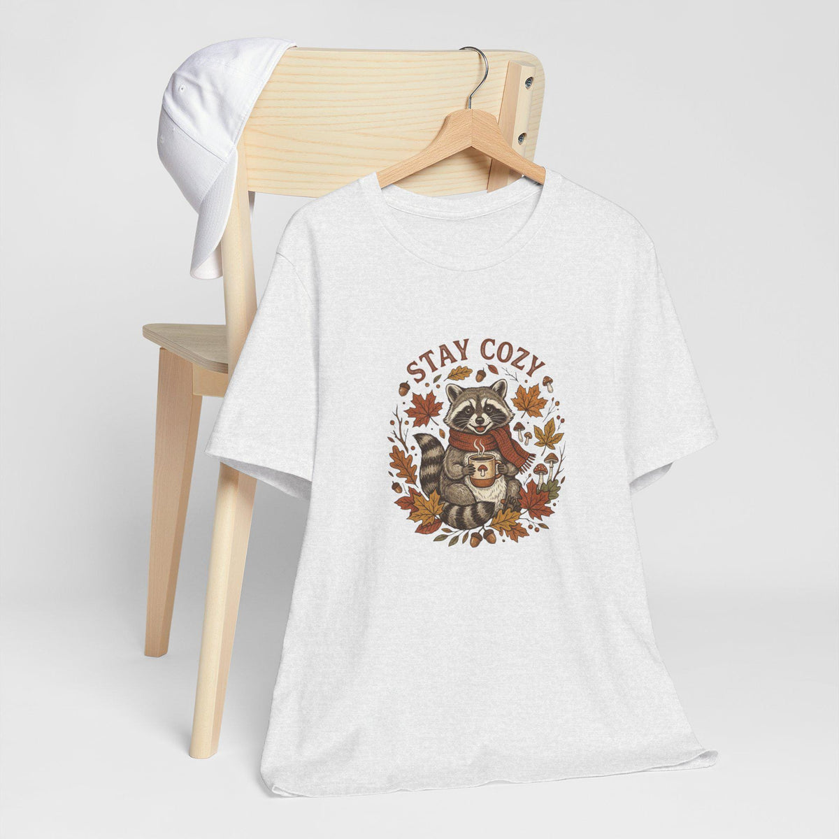 Stay Cozy Raccoon with Coffee Tee | Autumn Leaves Fall Shirt