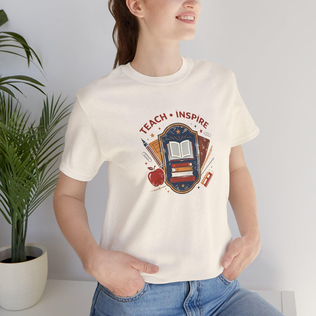 Teach Inspire Badge Tee | Teacher Book Apple Pencil Illustration