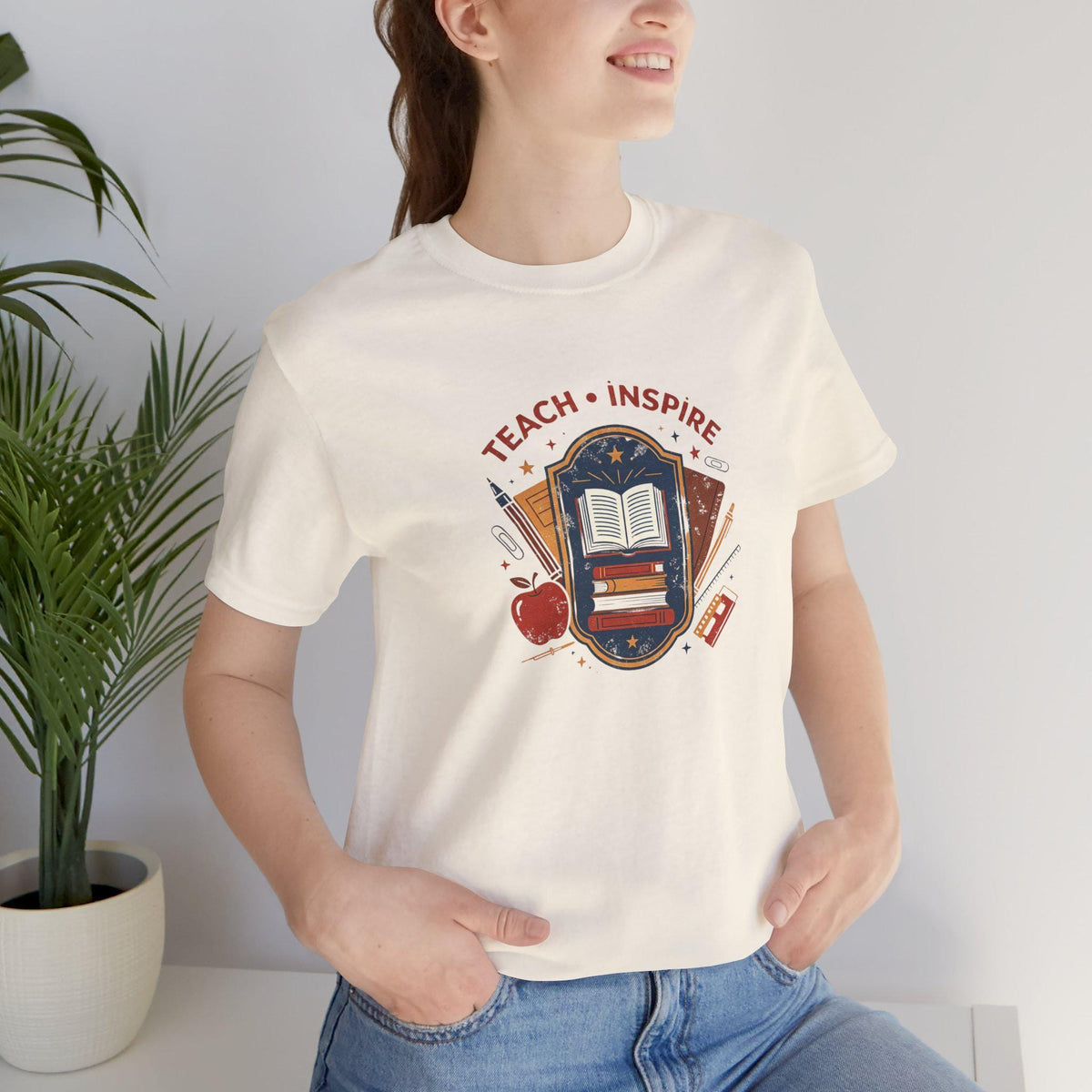 Teach Inspire Badge Tee | Teacher Book Apple Pencil Illustration