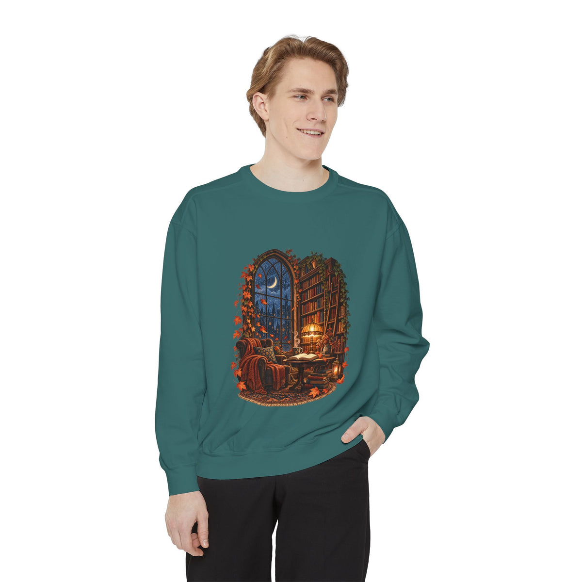 Cozy Nighttime Library Scene Sweatshirt | Reading Nook Illustration