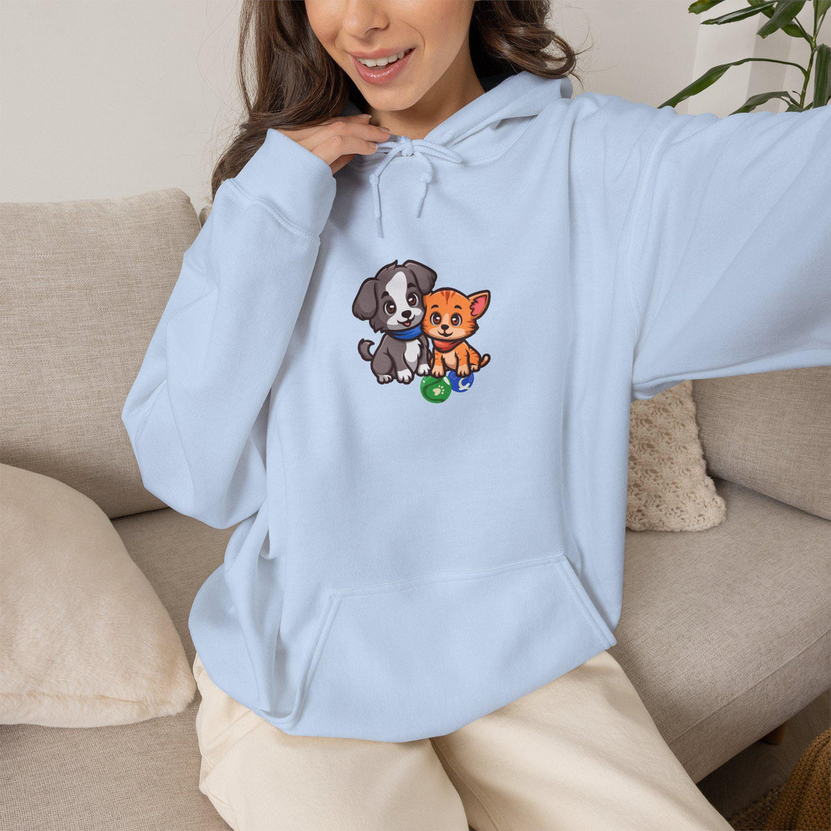 Cute Puppy And Kitten Illustration Hoodie