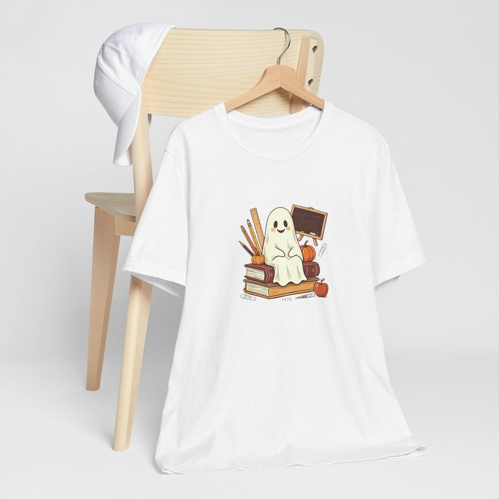Cute Ghost on Books Tee | Back-to-School Halloween Teacher Shirt