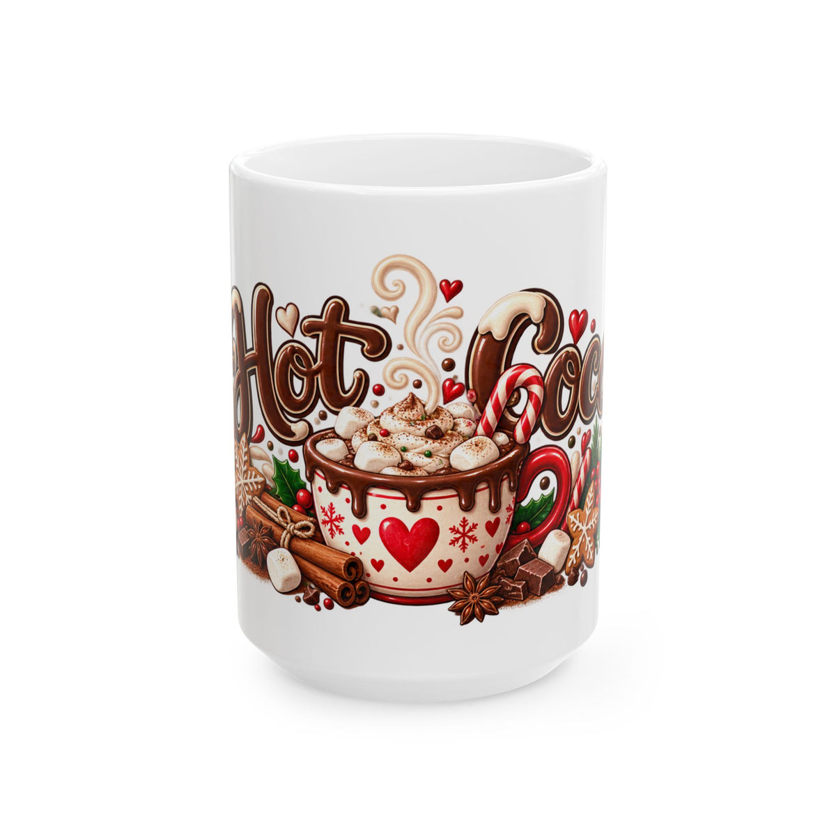Hot Cocoa Ceramic Mug – Festive Holiday Hot Chocolate Cup with Candy Cane & Marshmallow Design (11oz, 15oz)