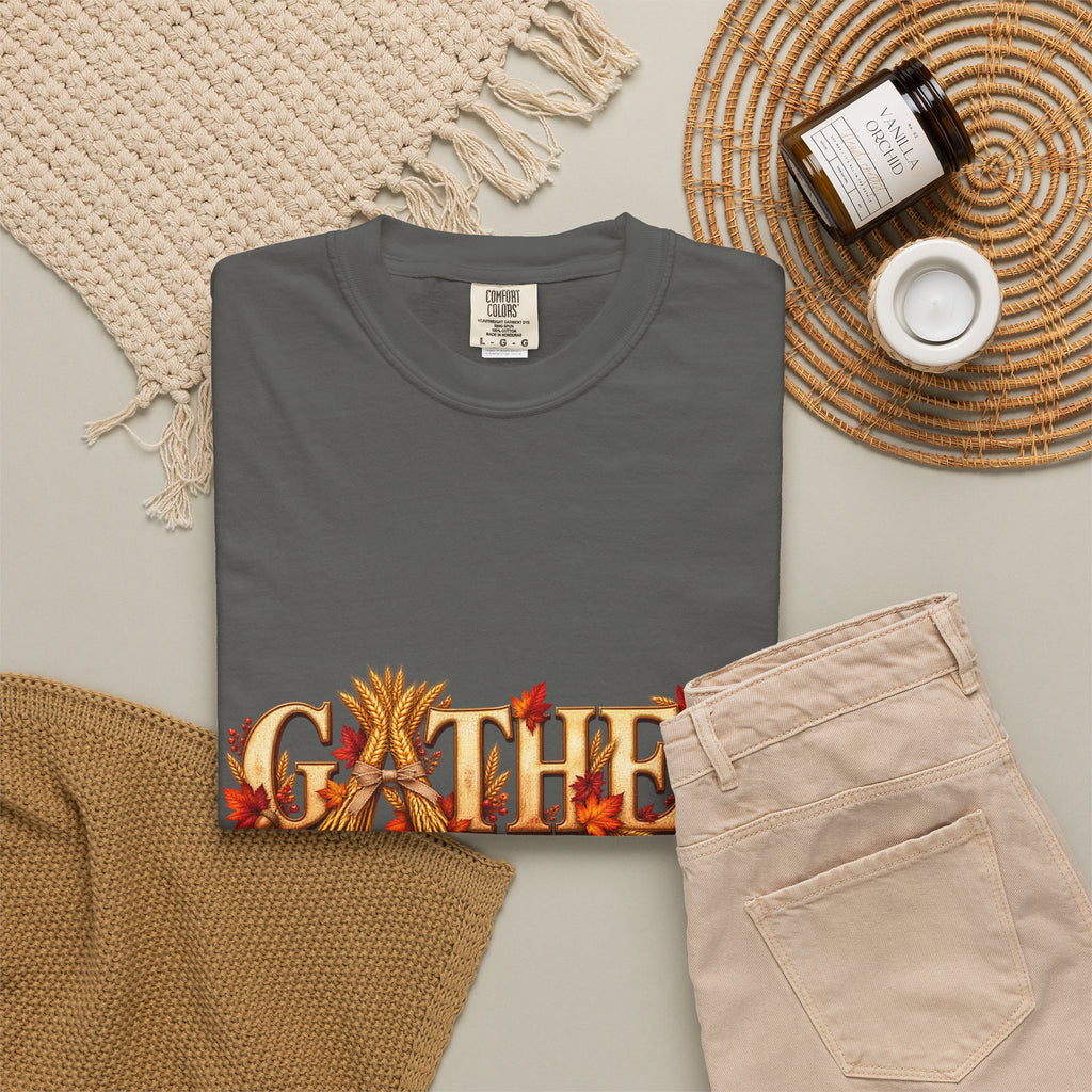 Gather Fall T-Shirt — Autumn Leaves Harvest Graphic Tee, Thanksgiving Family Gathering Shirt, Rustic Fall Gift