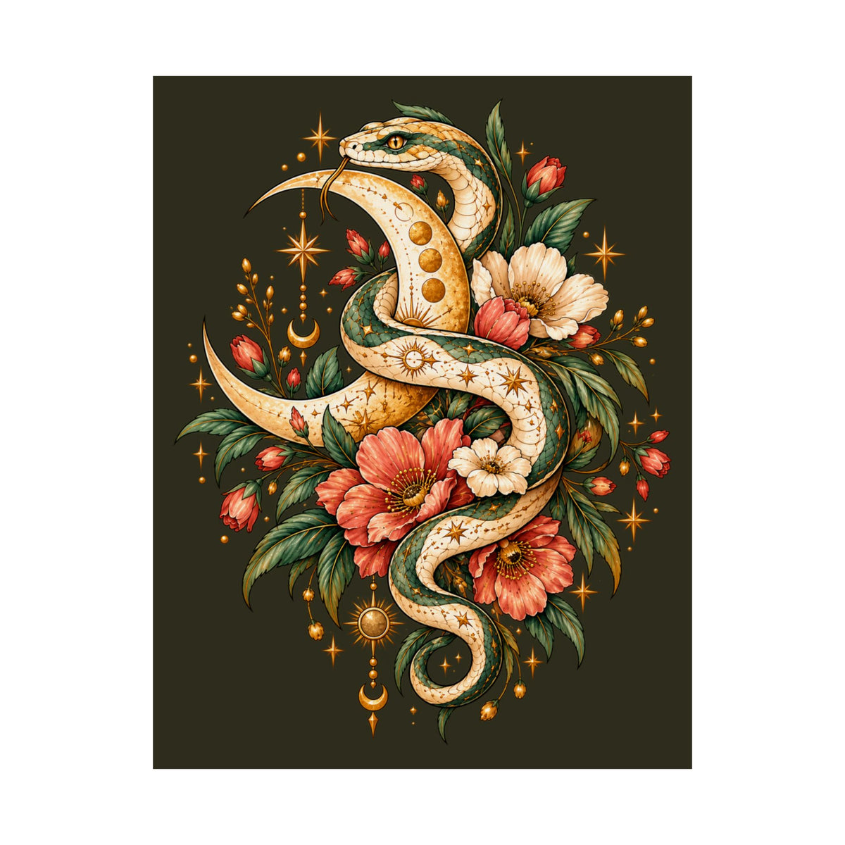 Floral Gold Snake Poster Matte Vertical Print | Botanical Serpent Wall Art