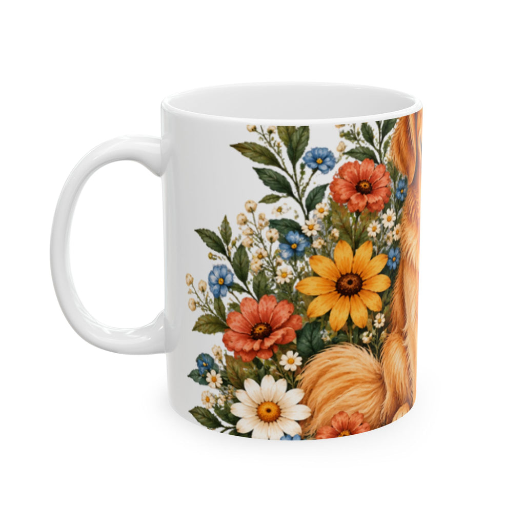 Smiling Golden Retriever Mug | Ceramic Coffee Cup with Floral Wreath