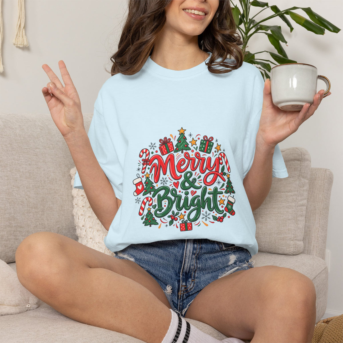 Merry & Bright Christmas T-Shirt | Festive Holiday Graphic Tee