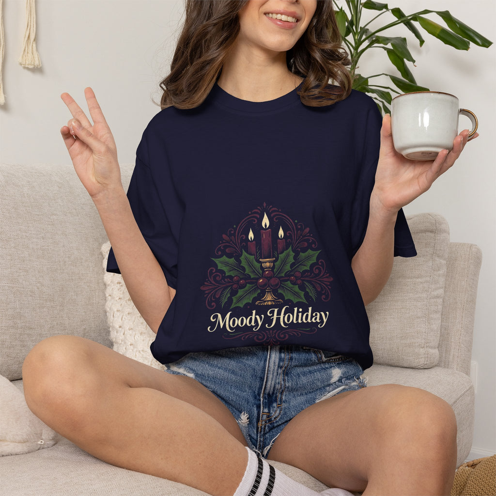 Moody Holiday Candle Wreath T-Shirt | Christmas Seasonal Tee | Festive Graphic Shirt | Holiday Gift for Her Him | Vintage Xmas