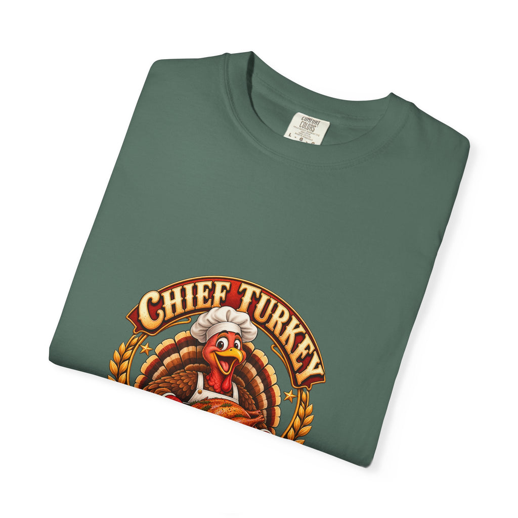 Chief Turkey Roaster T-Shirt — Retro Thanksgiving Emblem Tee, Vintage BBQ Turkey Badge Graphic Fall Shirt