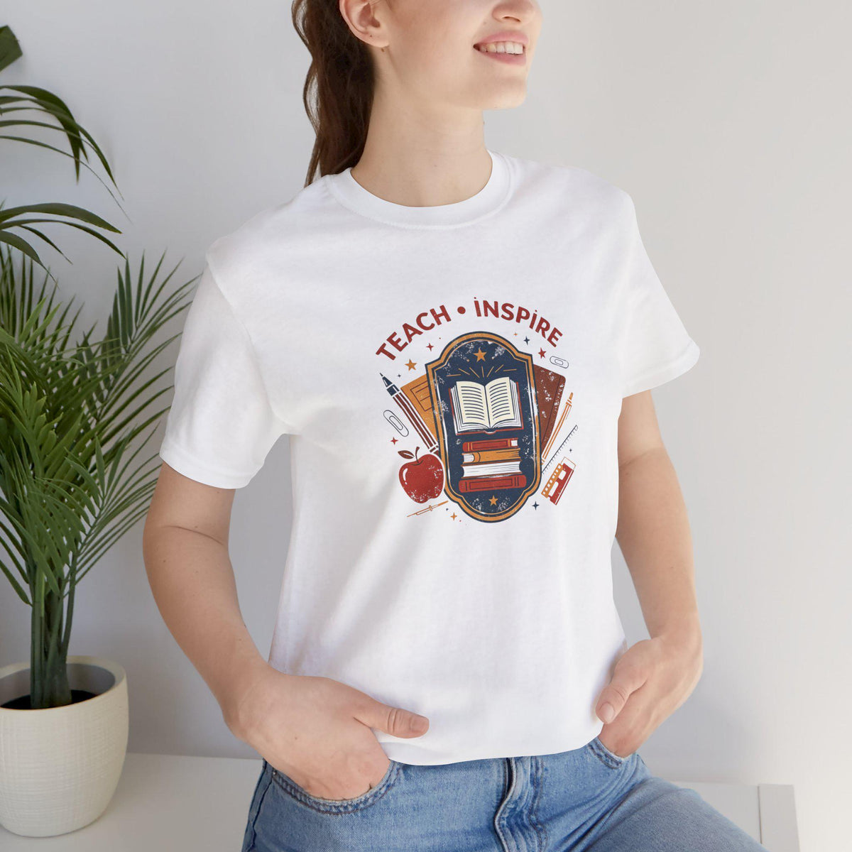 Teach Inspire Badge Tee | Teacher Book Apple Pencil Illustration