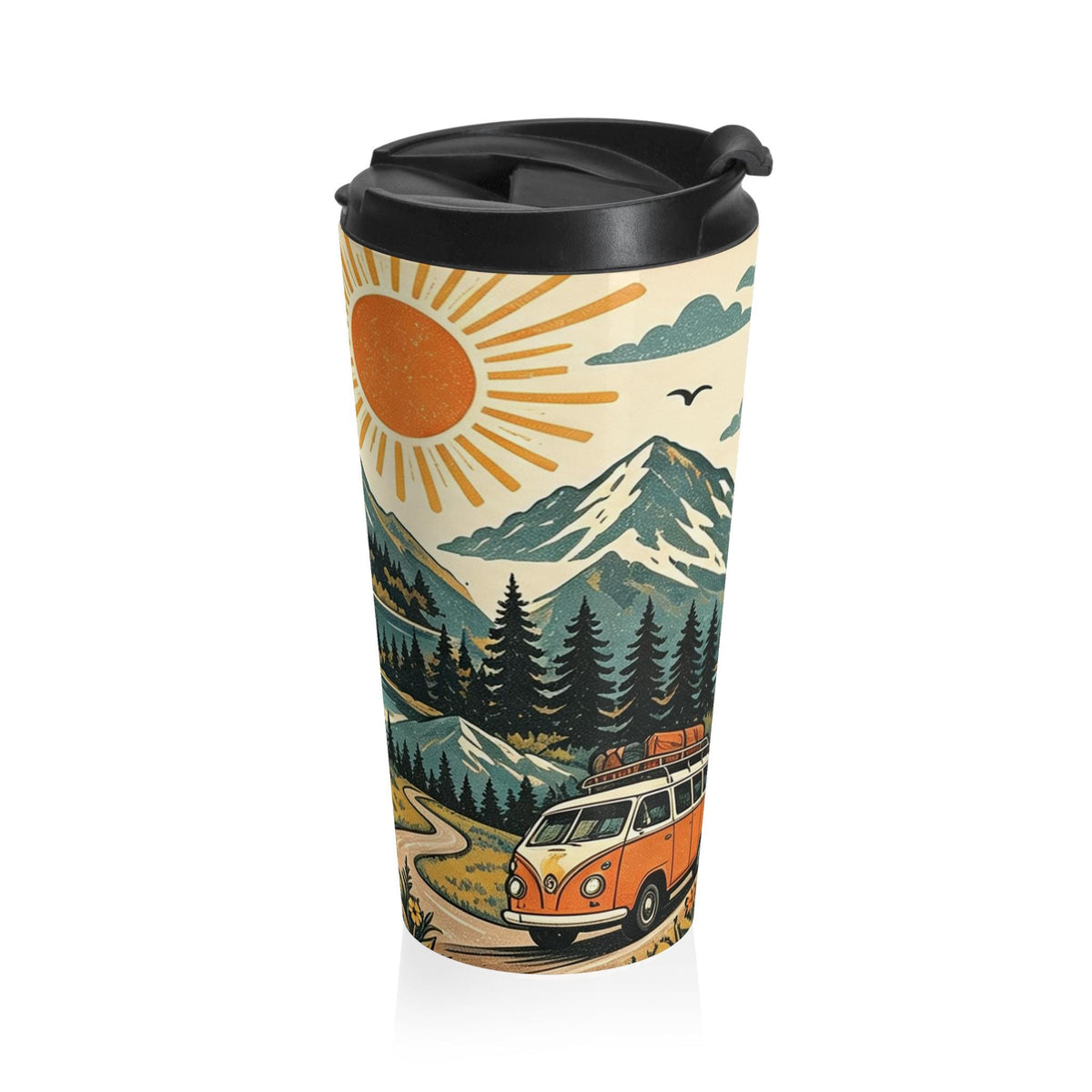 Retro Mountain Sun Van Travel Mug | Scenic Camping Landscape