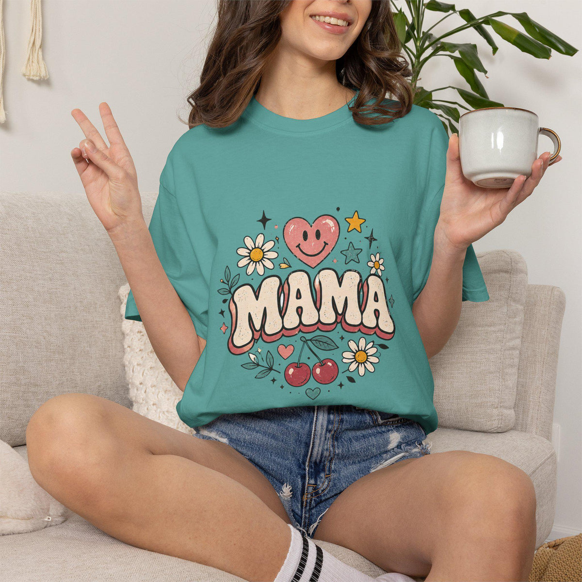 Mama Retro Floral Heart Cherry T-Shirt | Mom Typography Tee