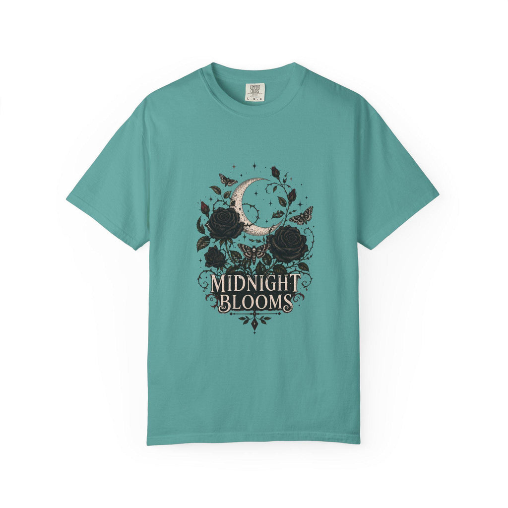 Midnight Blooms Moon Floral T-shirt | Gothic Rose Illustration