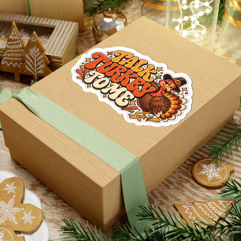 Talk Turkey To Me Sticker — Retro Thanksgiving Turkey Kiss-Cut Decal, Funny Fall Laptop and Water Bottle Sticker