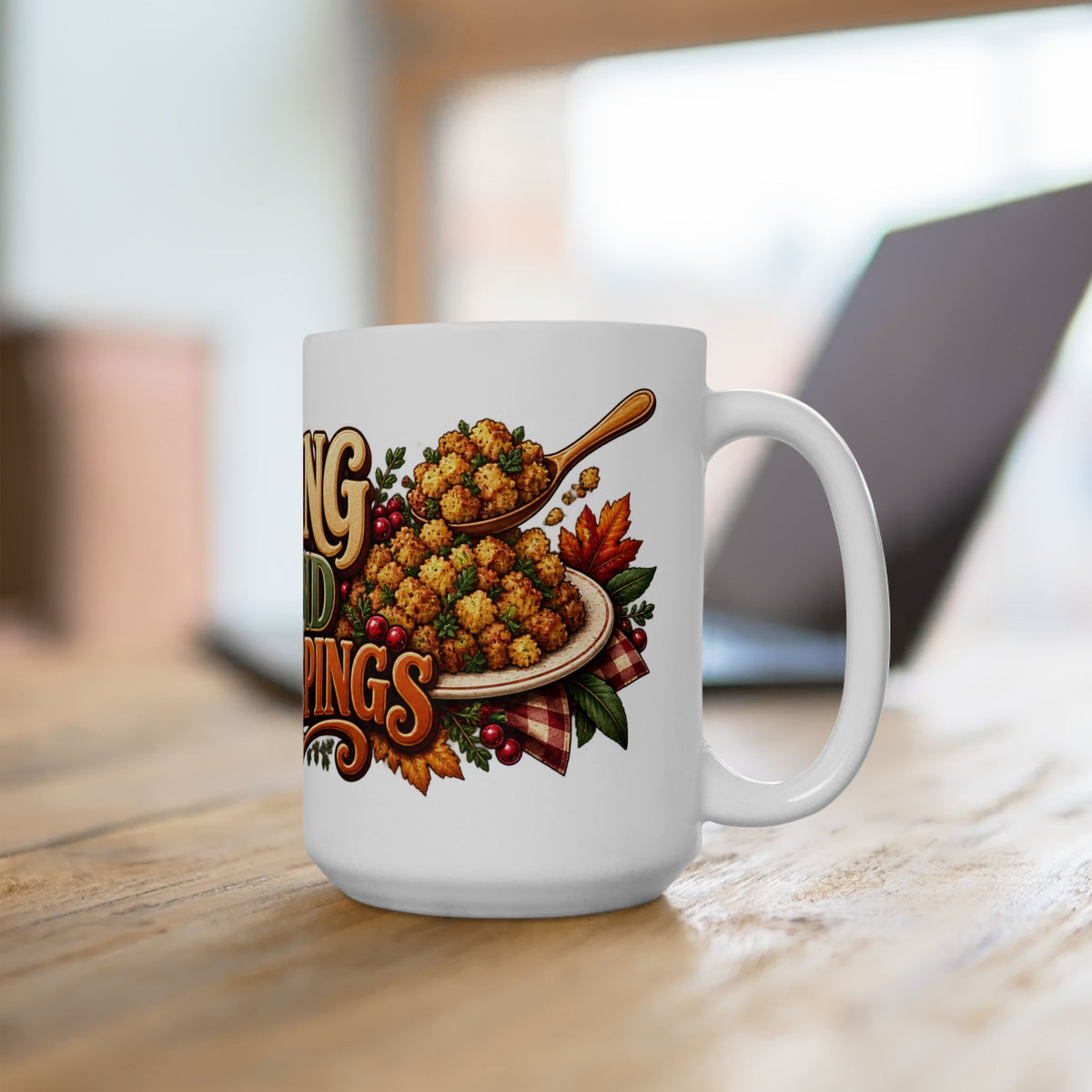 Stuffing & Second Helpings Mug — Funny Thanksgiving Ceramic Coffee Mug, Turkey Dinner Humor Gift for Foodies