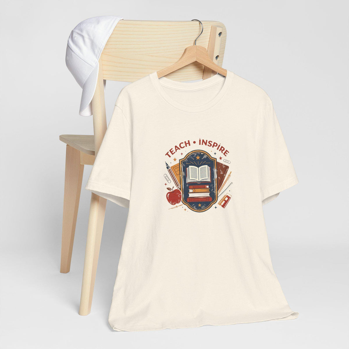 Teach Inspire Badge Tee | Teacher Book Apple Pencil Illustration