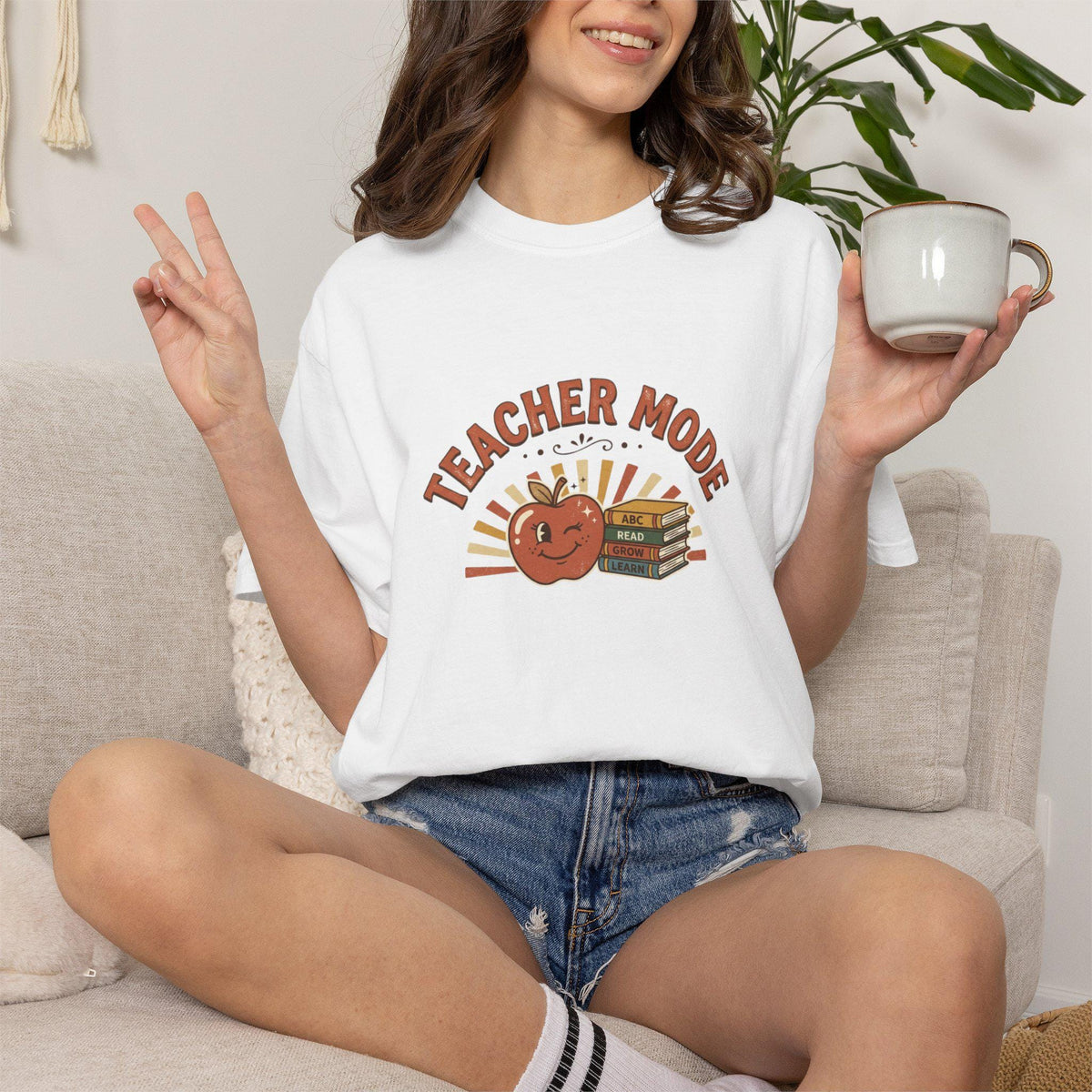 Teacher Mode apple stack of books T-Shirt | school teacher tee