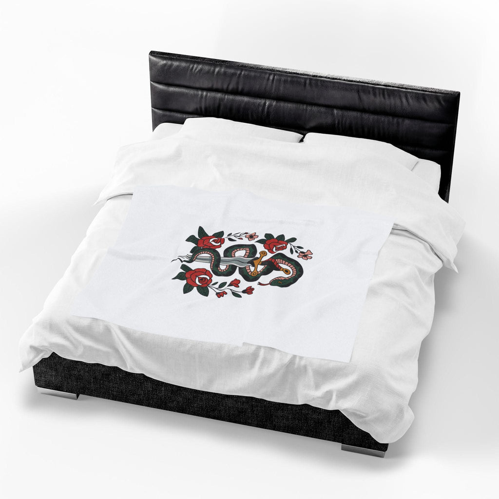 Snake and Dagger with Roses Velveteen Plush Blanket | Tattoo Style Floral Throw