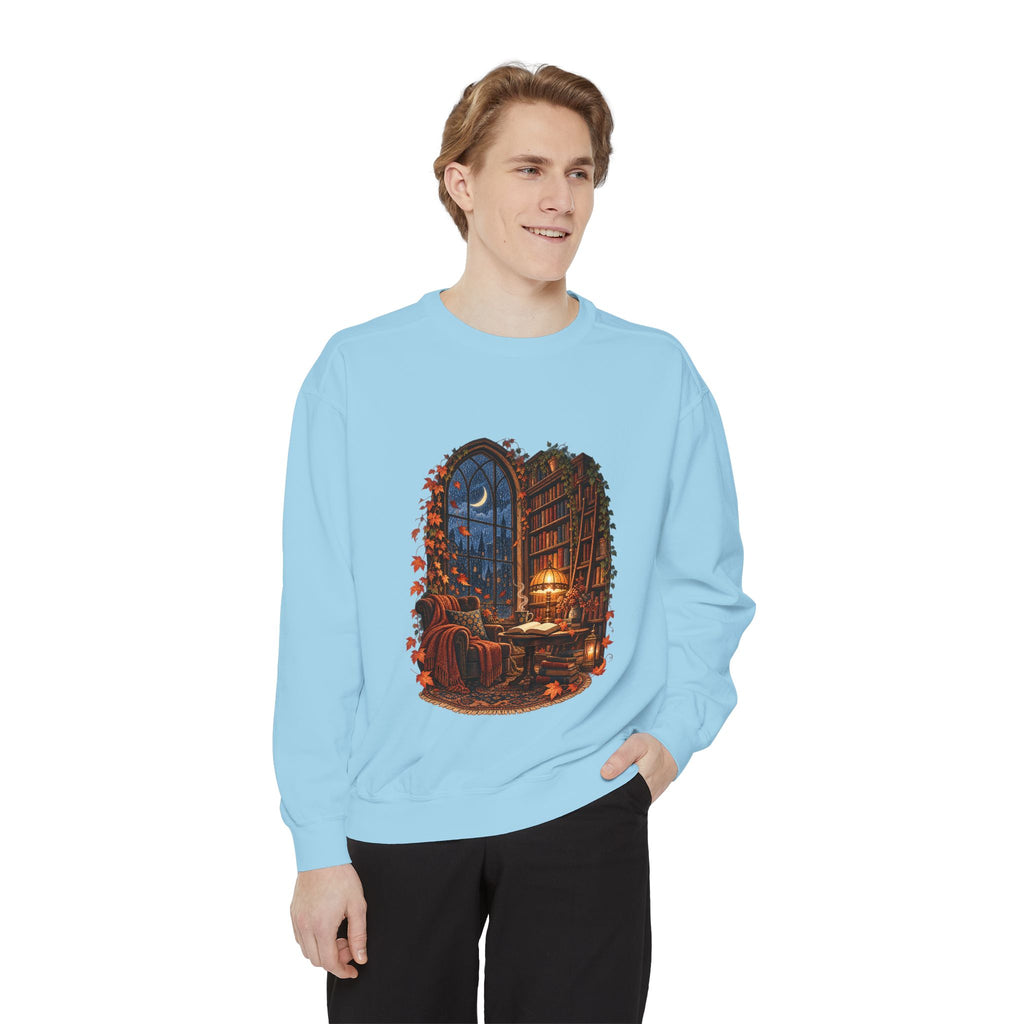 Cozy Nighttime Library Scene Sweatshirt | Reading Nook Illustration
