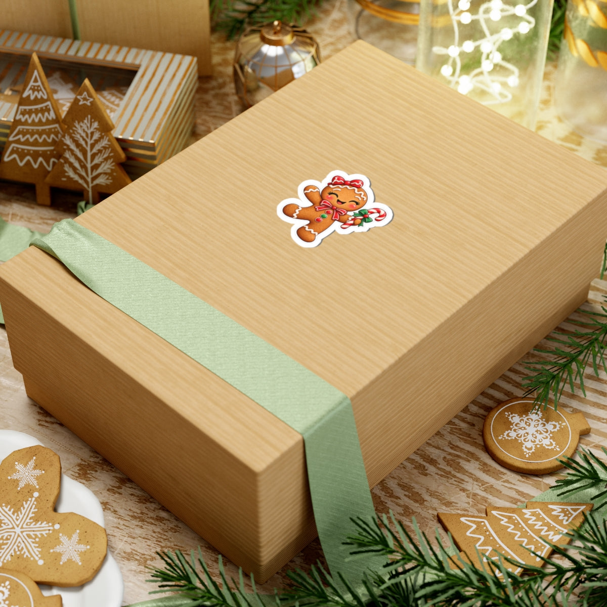 Gingerbread Cookie Kiss-Cut Sticker — Cute Holiday Candy Cane Design