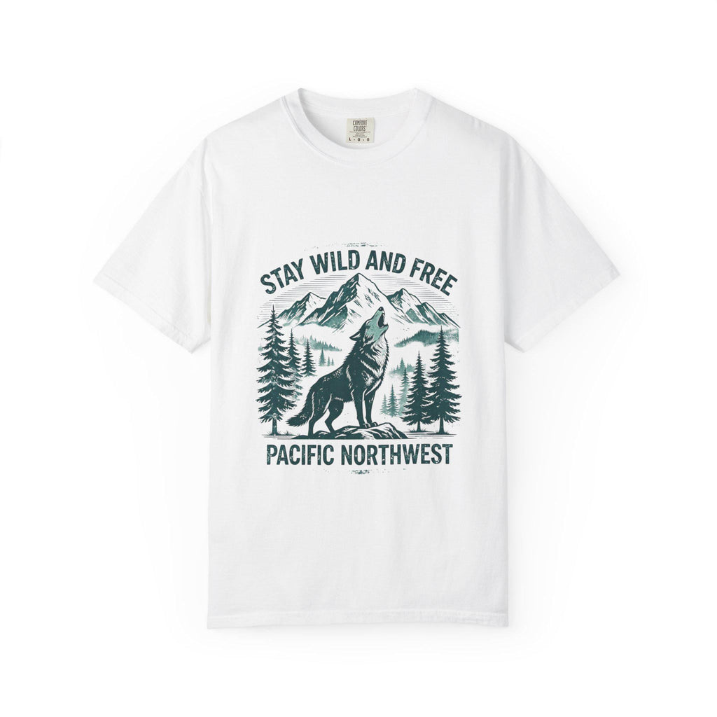 Stay Wild and Free Wolf Pacific Northwest T-Shirt | Mountain Camping Tee | Nature Lover Gift | Hiking Adventure Shirt | Wildlife Outdoor