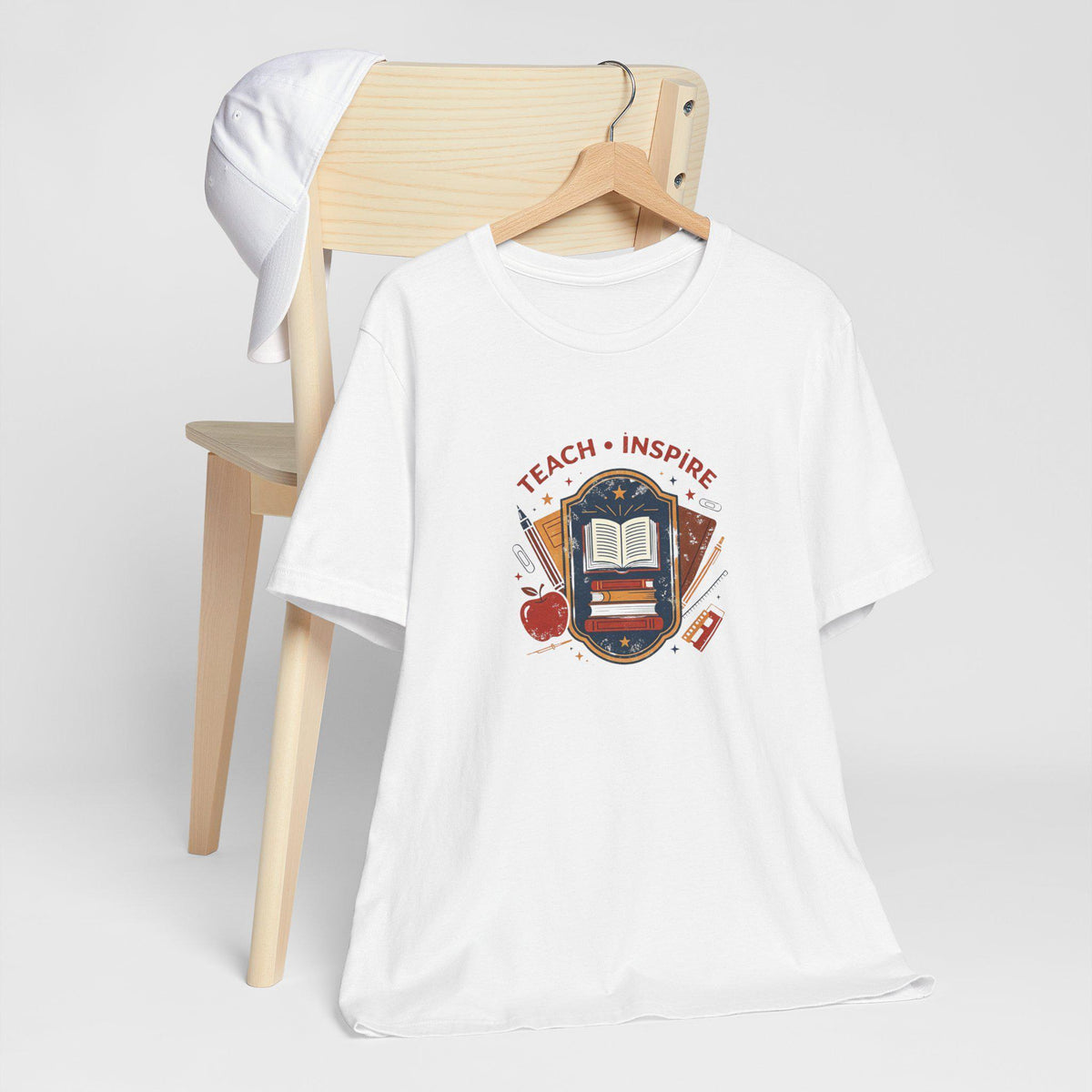 Teach Inspire Badge Tee | Teacher Book Apple Pencil Illustration