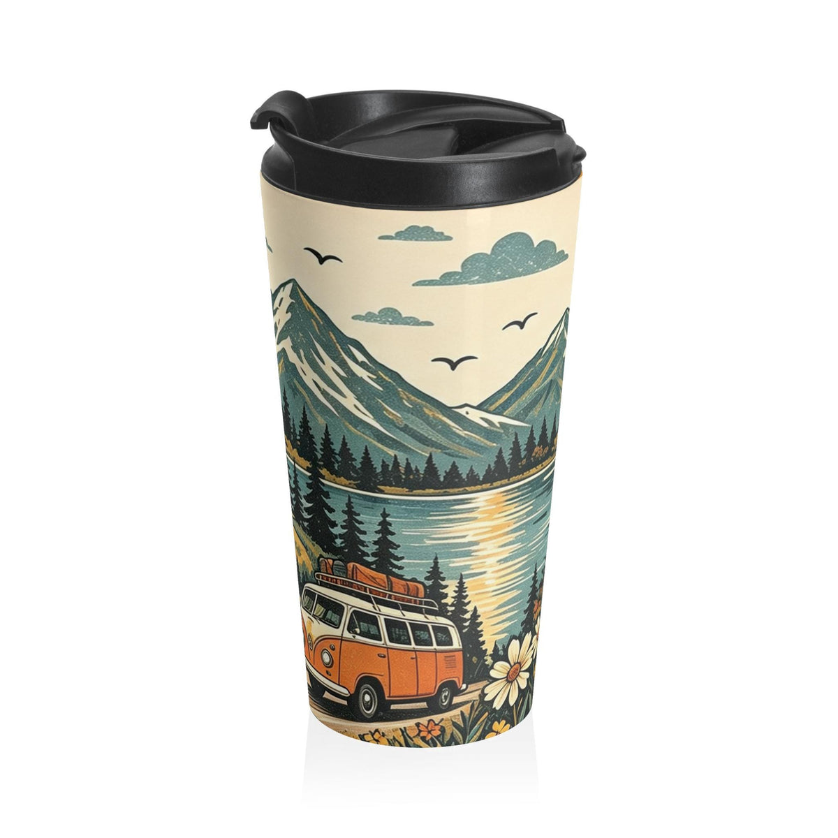 Retro Mountain Sun Van Travel Mug | Scenic Camping Landscape