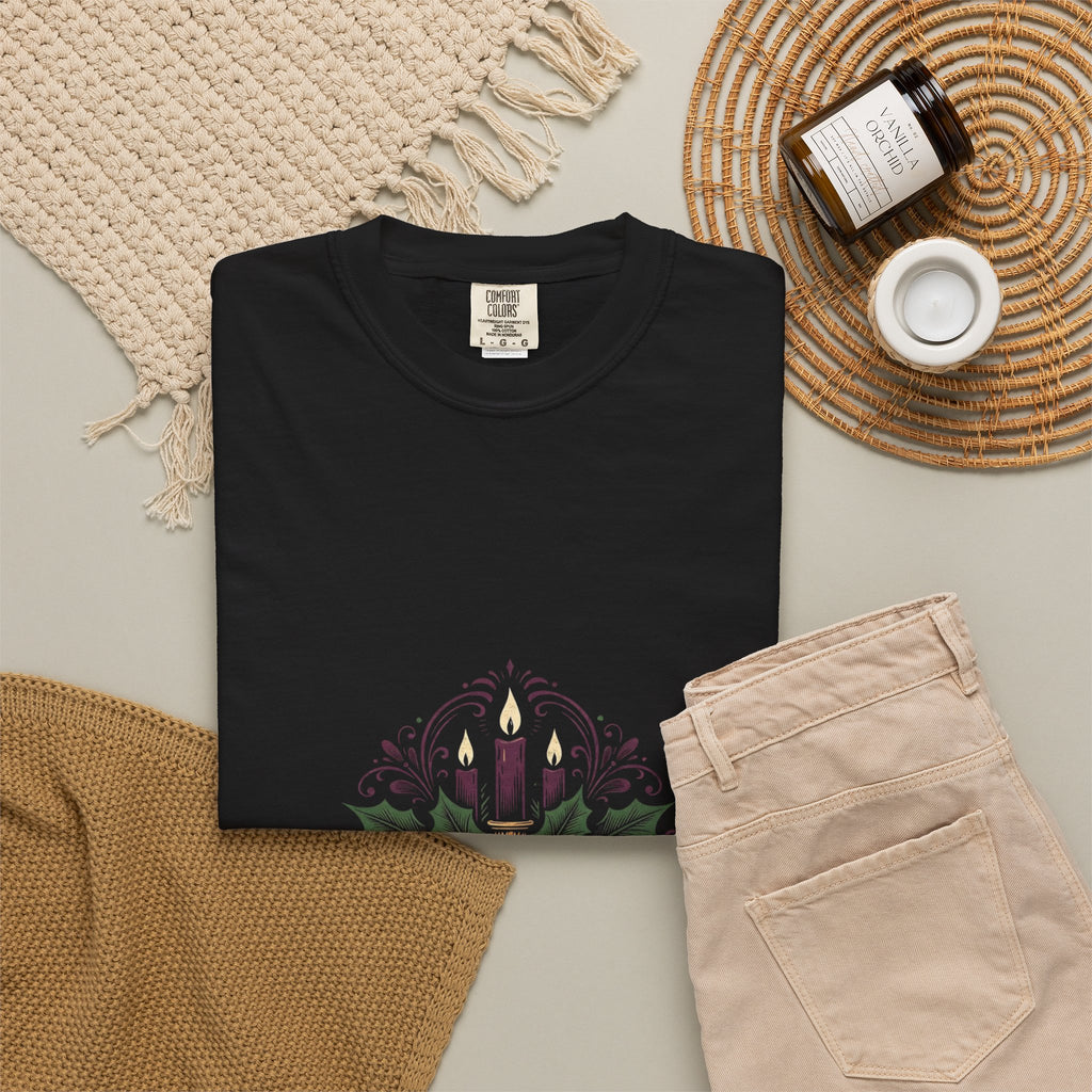 Moody Holiday Candle Wreath T-Shirt | Christmas Seasonal Tee | Festive Graphic Shirt | Holiday Gift for Her Him | Vintage Xmas