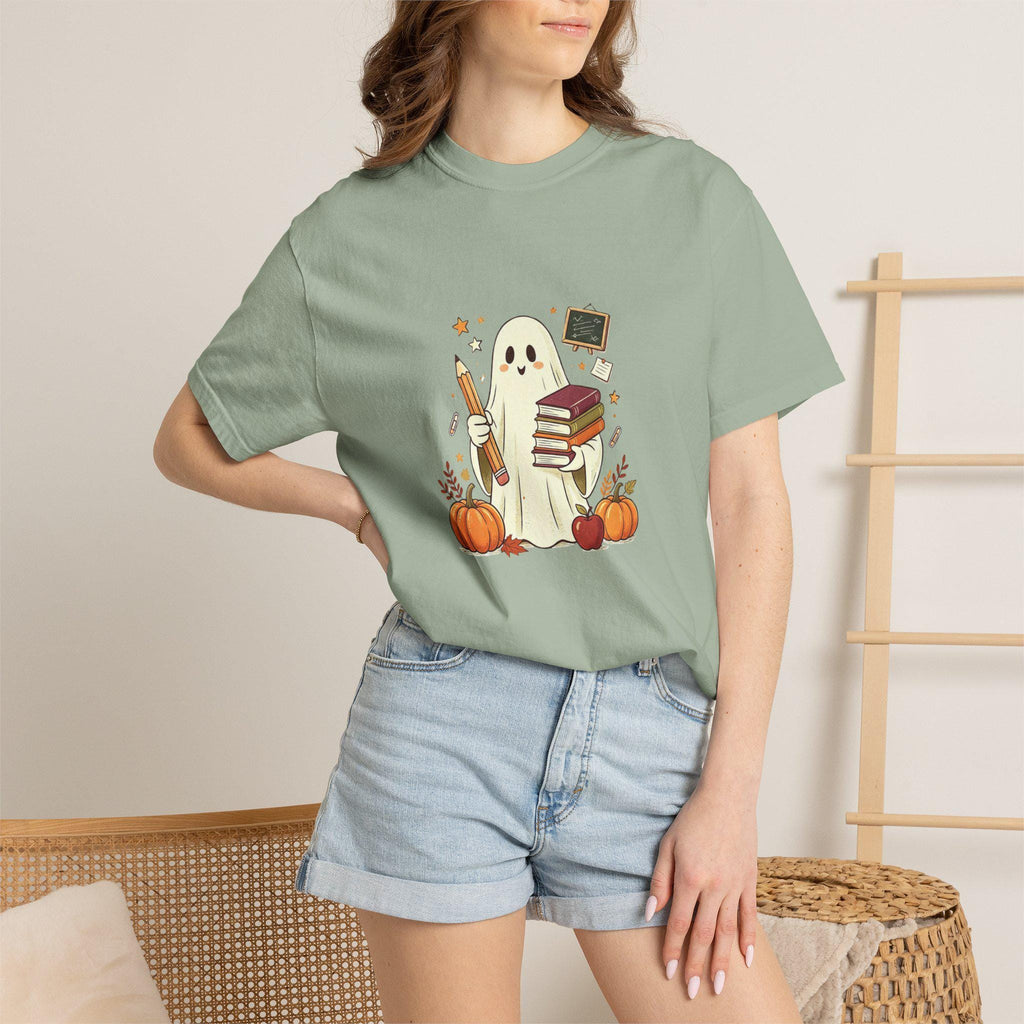 Cute Ghost with Books and Pumpkins T-shirt | Halloween Reading Shirt