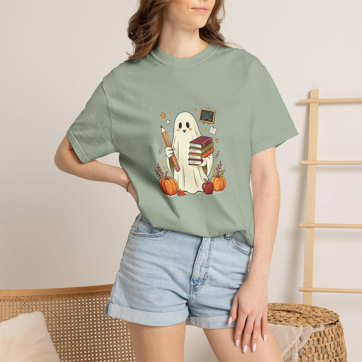 Cute Ghost with Books and Pumpkins T-shirt | Halloween Reading Shirt