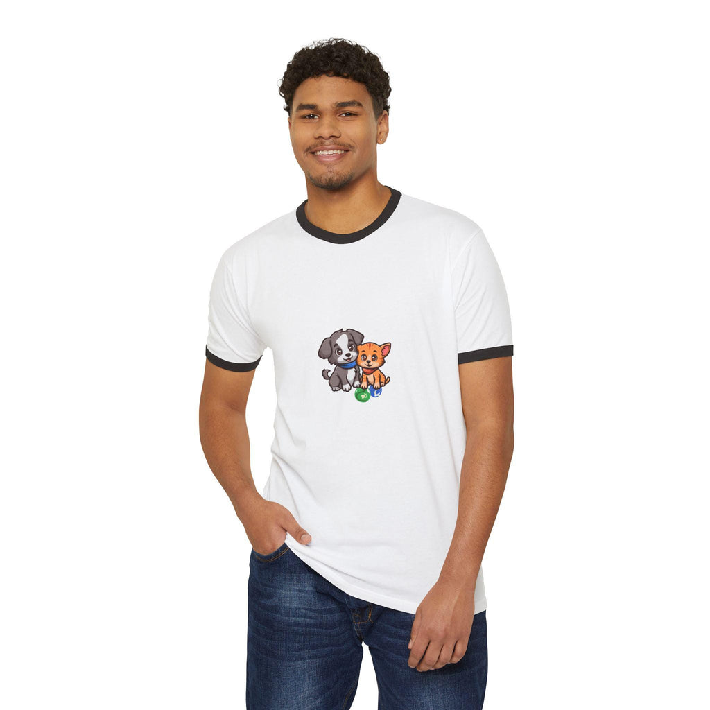 Cute Puppy and Kitten Illustration T-Shirt | Cartoon Pets, Playful Design