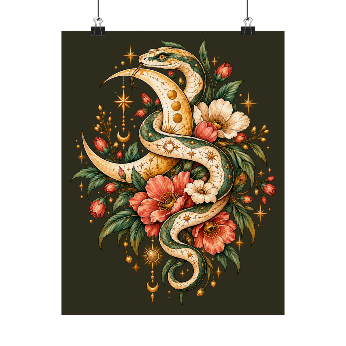Floral Gold Snake Poster Matte Vertical Print | Botanical Serpent Wall Art