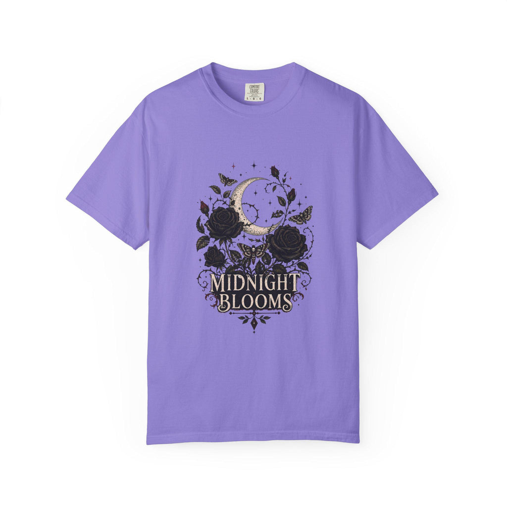 Midnight Blooms Moon Floral T-shirt | Gothic Rose Illustration