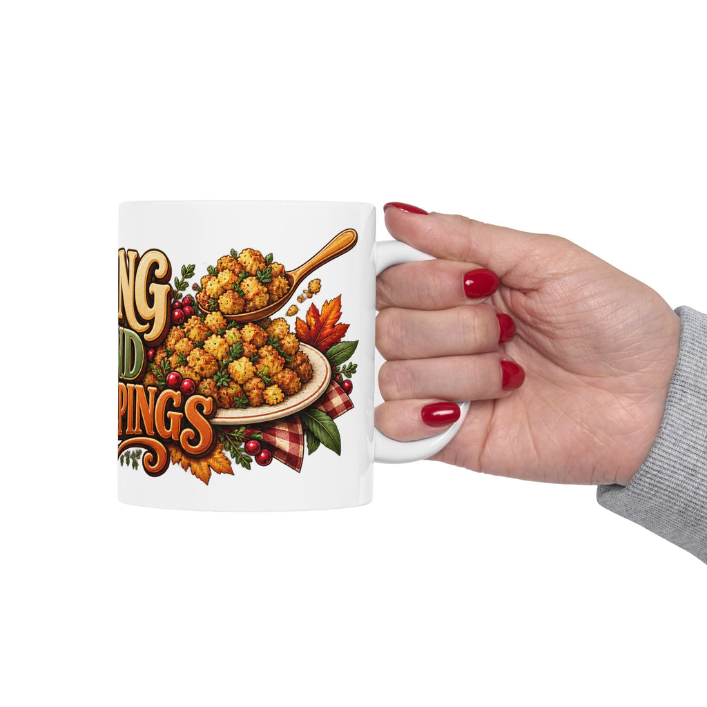 Stuffing & Second Helpings Mug — Funny Thanksgiving Ceramic Coffee Mug, Turkey Dinner Humor Gift for Foodies