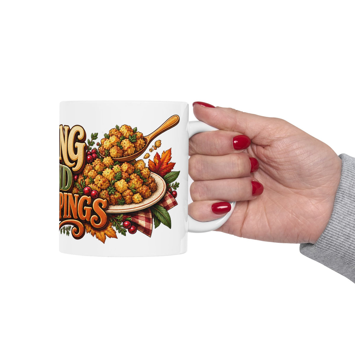 Stuffing & Second Helpings Mug — Funny Thanksgiving Ceramic Coffee Mug, Turkey Dinner Humor Gift for Foodies