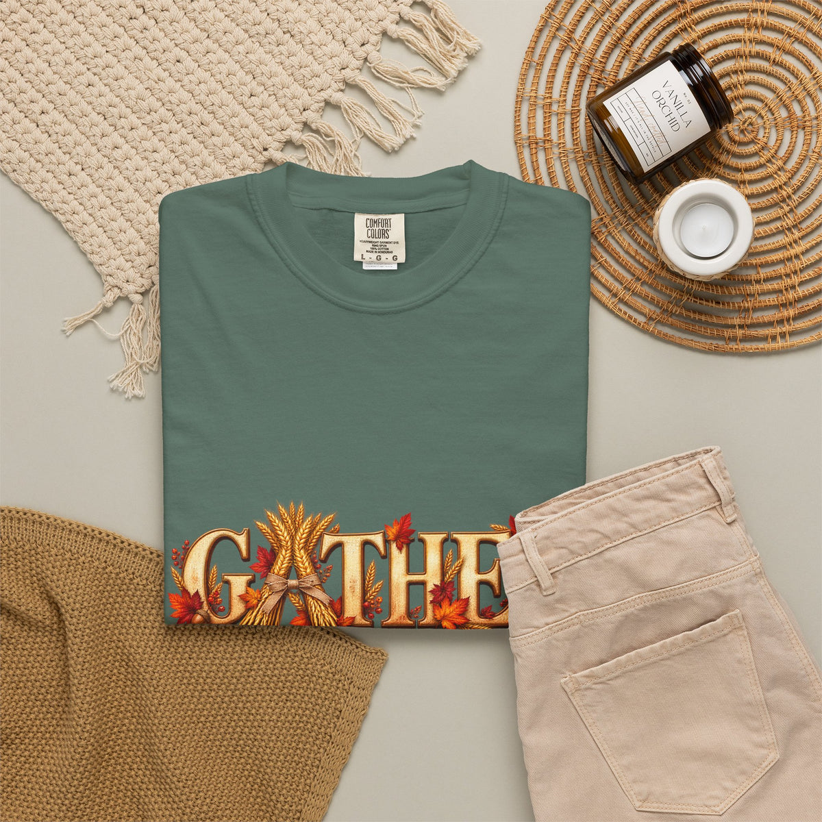 Gather Fall T-Shirt — Autumn Leaves Harvest Graphic Tee, Thanksgiving Family Gathering Shirt, Rustic Fall Gift