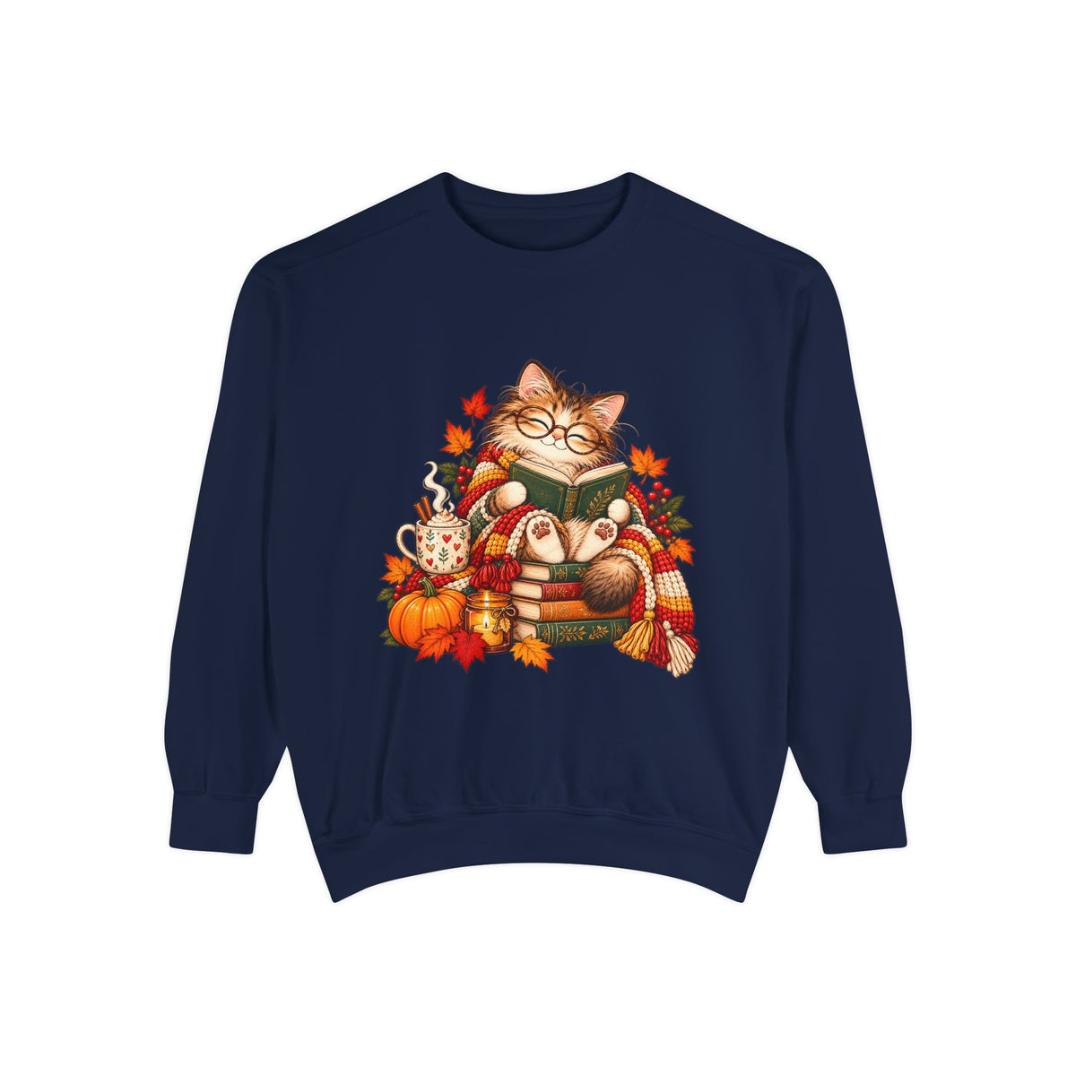 Cozy Reading Cat Sweatshirt | Autumn Leaves Pumpkin Fall Cozy